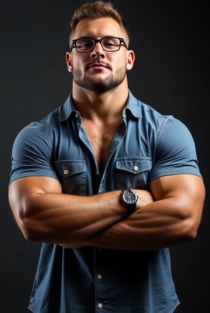 Nick Bosa, muscular, chiseled jaw, strong physique, undercut haircut combed back, short beard, showing off his well-defined physique. His skin glistens with sweat, highlighting his bulging muscles, Muscular man radiates confidence and power, his defined and wavy muscles. The intricate details of his defined chest, ABS, and the arms are emphasized, showing off his toned physique. wearing long denim shirt shirt, wear black thick frame glasses with a watch, upper body, arms crossed, in camera studio with 3 flash, soft lighting