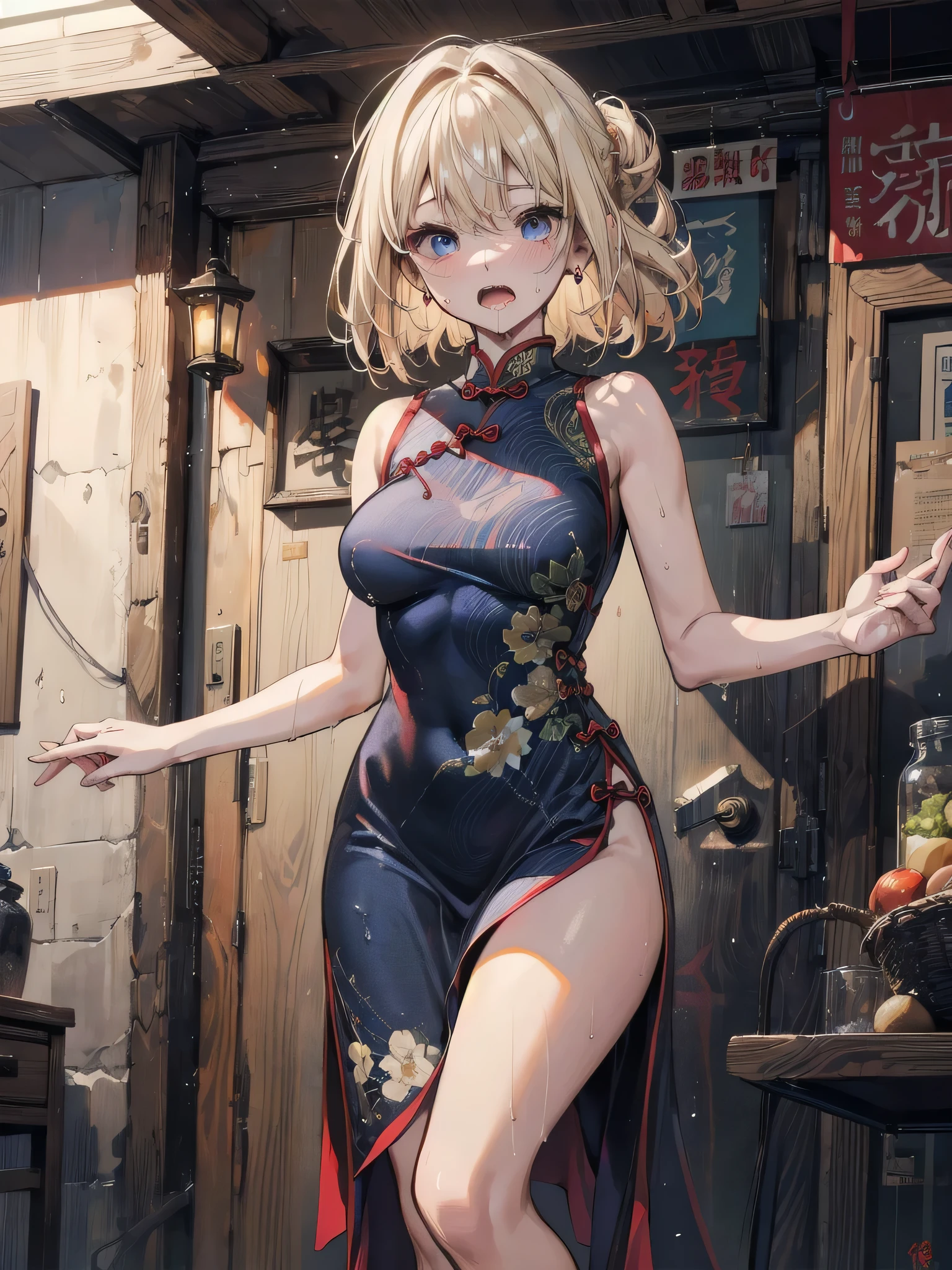 looking at viewer, high resolution, best quality, shiny_skin, shiny_hair, dynamic angle,dynamic pose, highly detailed,1girl, highly detailed face, shiny eyes, light diffusion, highly detailed,1girl, hair decoration, big , bare feet, nervous, shy, shy, blushing, bare hands, road, (green hair), short hair, red eyes, hair ornaments, standing, butterfly, skull hair ornament, chinese dress
