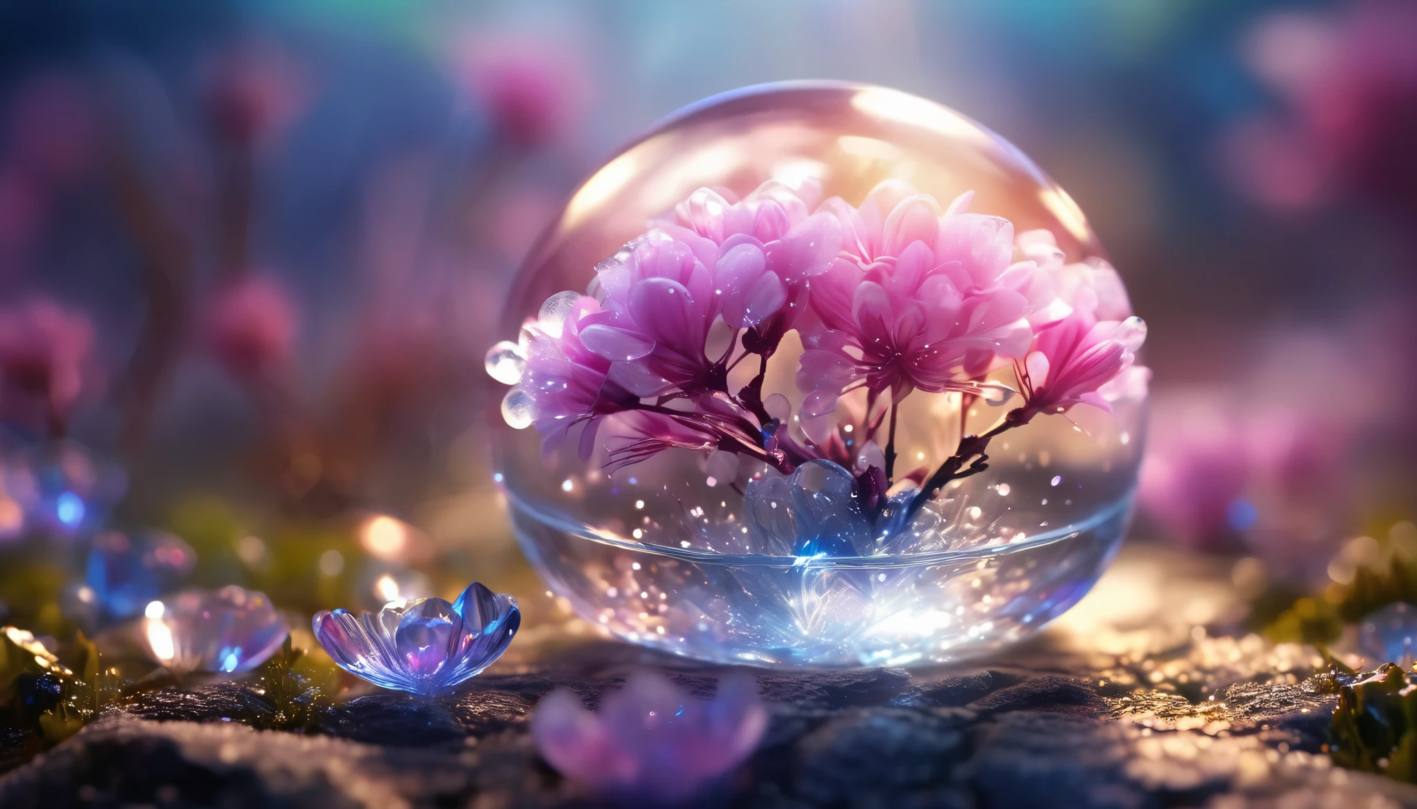 crystal spring blossom,
fantasy, galaxy, transparent, 
shimmering, sparkling, splendid, colorful, 
magical photography, dramatic lighting, photo realism, ultra-detailed, 4k, Depth of field, High-resolution