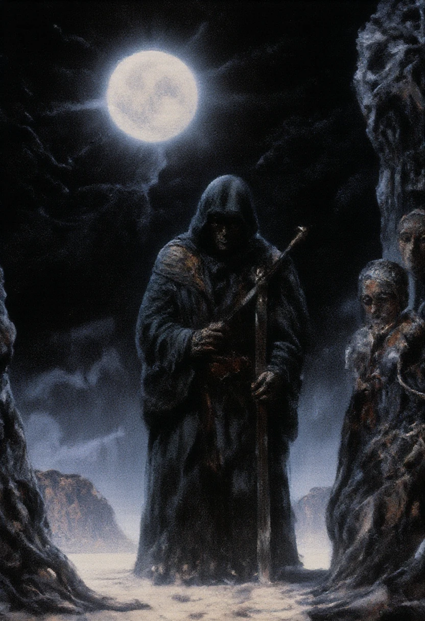 A shadowy figure cloaked in an ethereal, glowing robe stands against a dark background, holding a jagged sword. The figure has a hooded head, with a void where the face should be, and is adorned with intricate armor featuring sharp, protruding spikes. A large, luminous full moon is positioned above the figure, casting a ghostly light, while a rugged stone wall is partially visible to the right. The overall atmosphere conveys a sense of darkness and mystery. The background is a gradient of deep blues, suggesting twilight, contrasted by the light-colored sand dunes.
