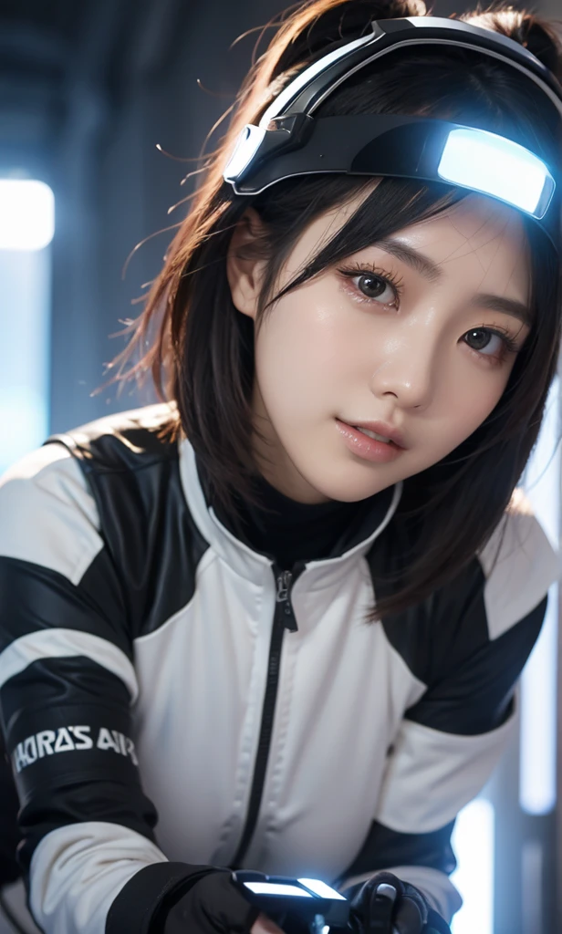 whole body, korean girl, 1girl,[gal,Big Boobs,  HIGHLY Details,  High Quality , Outstanding Detail ,  ultra high resolution , (loyalty: 1.4), best illustration , Details of grace,  Highly Concentrated 1girl ,  with exquisite beautiful face , High-tech lighting scene of future city with black and white Mechanic ,  wearing a helmet ,  grasping direction controller , riding a motorcycle,  background.