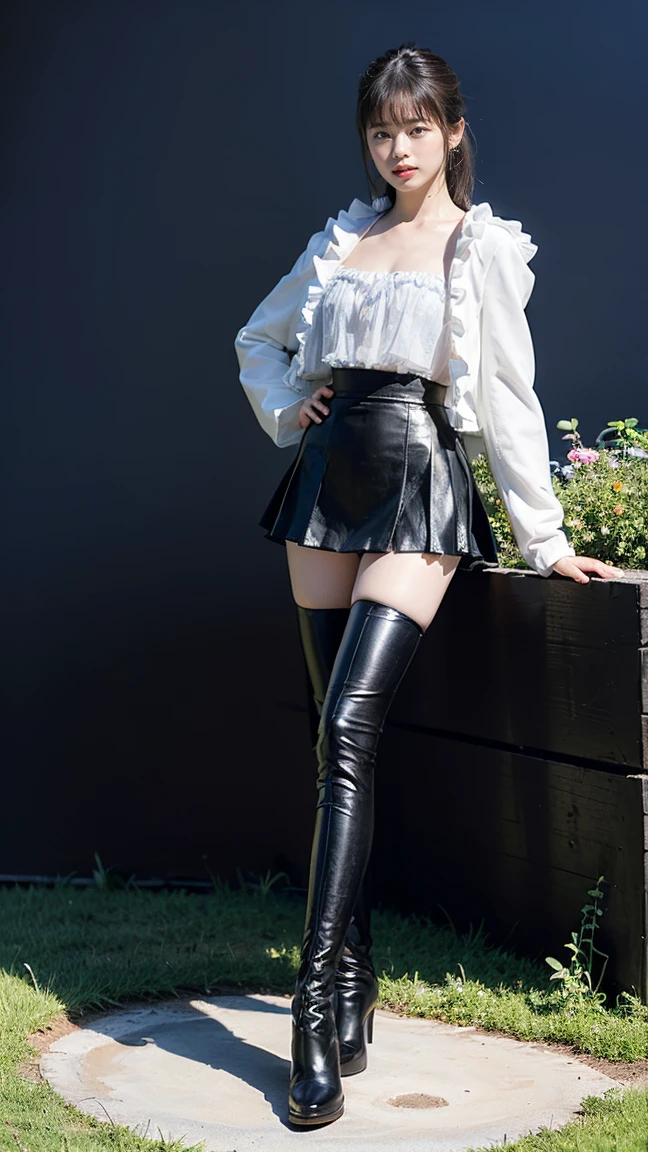 (8k、RAW Photos、Highest quality、masterpiece:1.2)、(Realistic、Realistic)、1 girl、((mini skirt、black tube top、Medium Hair、See through、Pink Hair、boots、Accentuate your breasts、whole body、Night stage、smile、View from the front、Looking into the camera、Stand with hands on hips))、