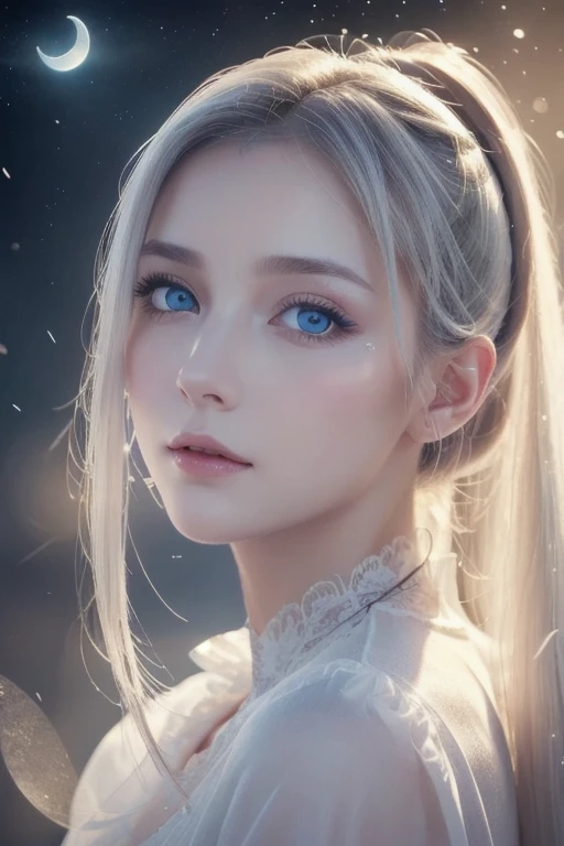 masterpiece, ( top quality : 1.2), (Super fine: 1.2),  illustrations, ( extremely delicate and beautiful: 1.2), Film Angle, floating, ( beautiful detailed eyes: 1.1), (detail light: 1.1),  film light , Delicate Sky, woman, White Hair,  blue eyes, ( high ponytail: 1.1),  clock, Shining Eyes, (moon: 1.2), (moonlight: 1.1),  starry sky , (Particles of light: 1.1), fog , Snow Painting, sketch, flowering