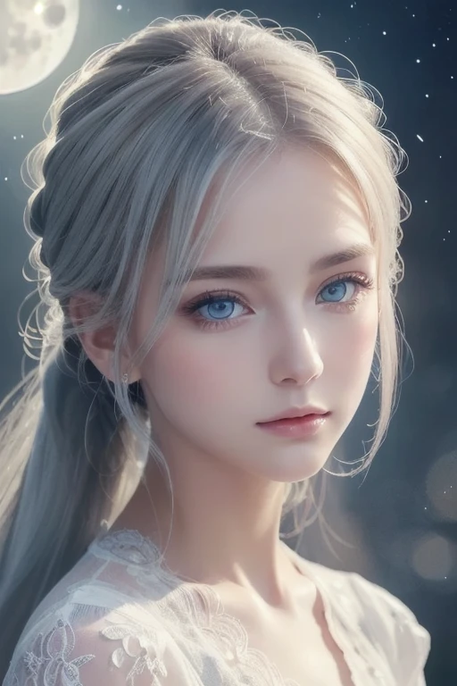 masterpiece, ( top quality : 1.2), (Super fine: 1.2),  illustrations, ( extremely delicate and beautiful: 1.2), Film Angle, floating, ( beautiful detailed eyes: 1.1), (detail light: 1.1),  film light , Delicate Sky, woman, White Hair,  blue eyes, ( high ponytail: 1.1),  clock, Shining Eyes, (moon: 1.2), (moonlight: 1.1),  starry sky , (Particles of light: 1.1), fog , Snow Painting, sketch, flowering