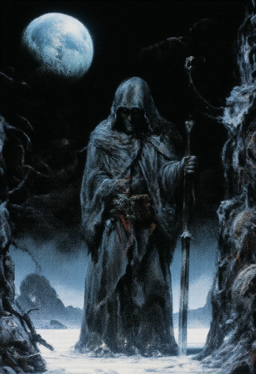 A shadowy figure cloaked in an ethereal, glowing robe stands against a dark background, holding a jagged sword. The figure has a hooded head, with a void where the face should be, and is adorned with intricate armor featuring sharp, protruding spikes. A large, luminous full moon is positioned above the figure, casting a ghostly light, while a rugged stone wall is partially visible to the right. The overall atmosphere conveys a sense of darkness and mystery. The background is a gradient of deep blues, suggesting twilight, contrasted by the light-colored sand dunes.
