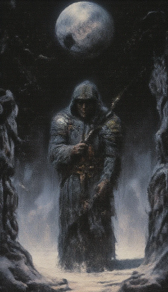 A shadowy figure cloaked in an ethereal, glowing robe stands against a dark background, holding a jagged sword. The figure has a hooded head, with a void where the face should be, and is adorned with intricate armor featuring sharp, protruding spikes. A large, luminous full moon is positioned above the figure, casting a ghostly light, while a rugged stone wall is partially visible to the right. The overall atmosphere conveys a sense of darkness and mystery. The background is a gradient of deep blues, suggesting twilight, contrasted by the light-colored sand dunes.
