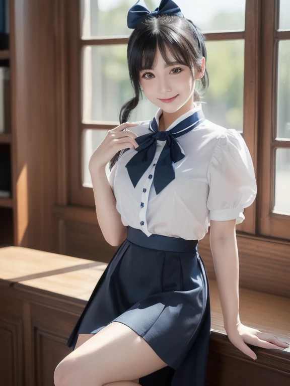 masterpiece, top quality,  High Definition ,  very detailed,  detailed background,(Fraulein Chrome, ( black hair,  semi-long hair,  blue bow ponytail),( white blouse, blue short ribbon tie , blue long skirt ),  small, Neat,  dark eyes,study,   Friendly Smiles ),  Scale Out , Chic study, vase