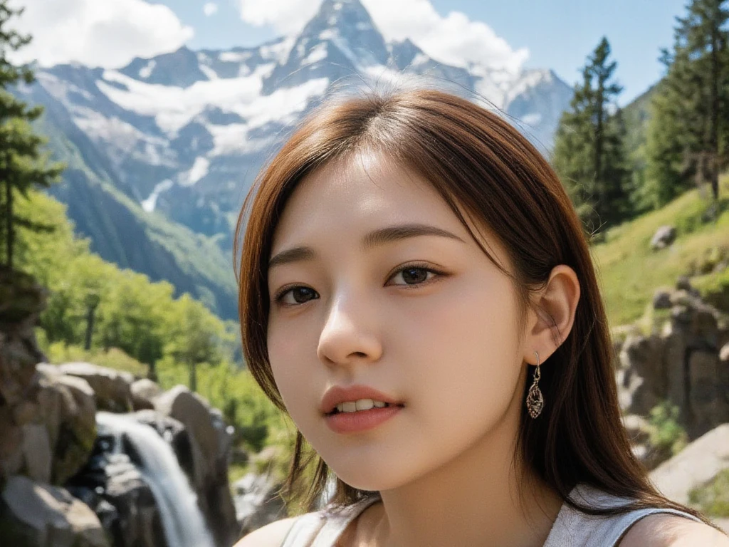 smiling woman enjoying mountain climbing against the backdrop of magnificent nature, earrings