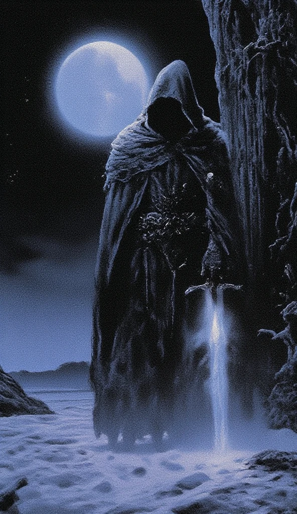 A shadowy figure cloaked in an ethereal, glowing robe stands against a dark background, holding a jagged sword. The figure has a hooded head, with a void where the face should be, and is adorned with intricate armor featuring sharp, protruding spikes. A large, luminous full moon is positioned above the figure, casting a ghostly light, while a rugged stone wall is partially visible to the right. The overall atmosphere conveys a sense of darkness and mystery. The background is a gradient of deep blues, suggesting twilight, contrasted by the light-colored sand dunes.
