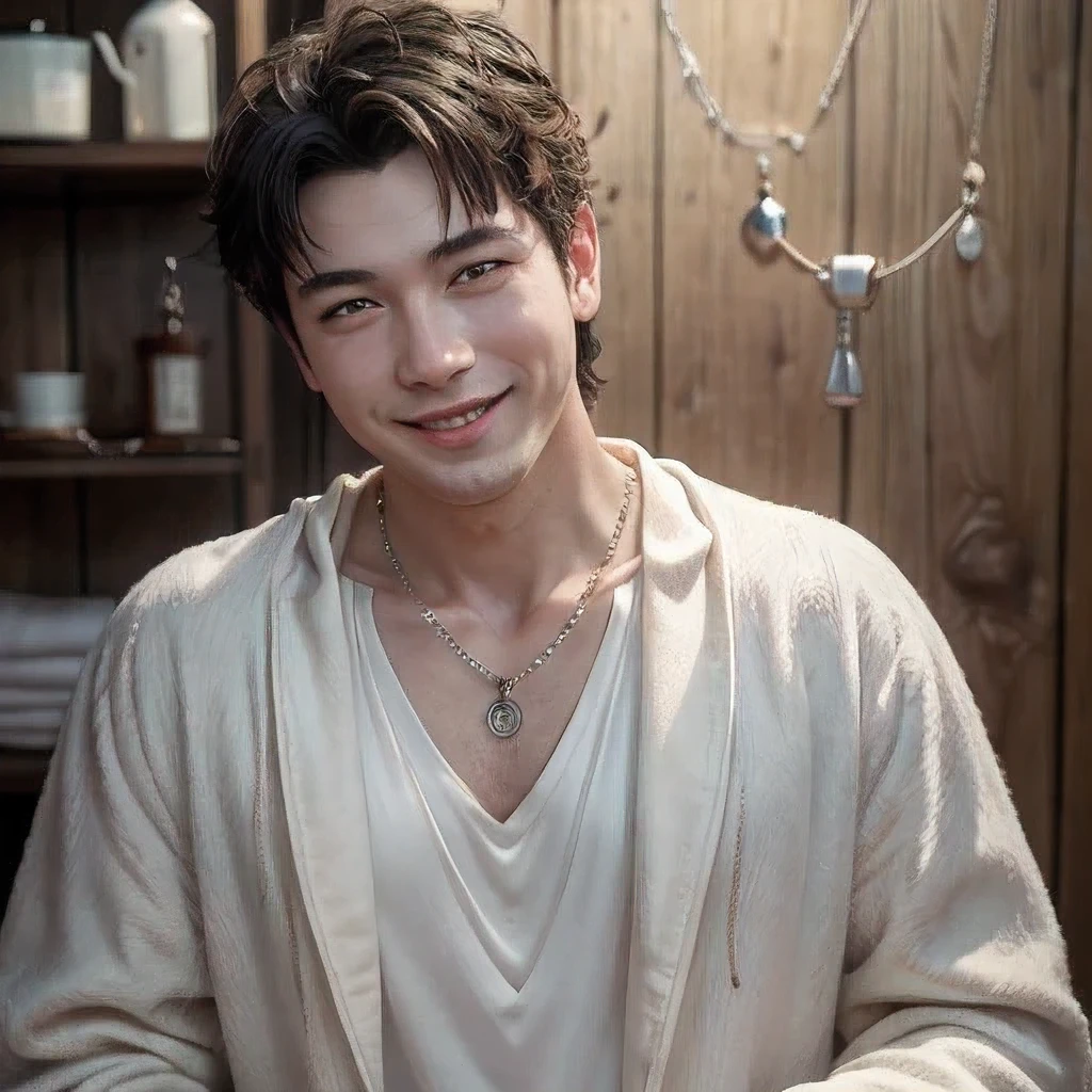 masterpiece, best quality, ultra-detailed, realistic, (1man, smile:1.3), bathrobe, (necklace:1.6), bokeh, (professional lighting)