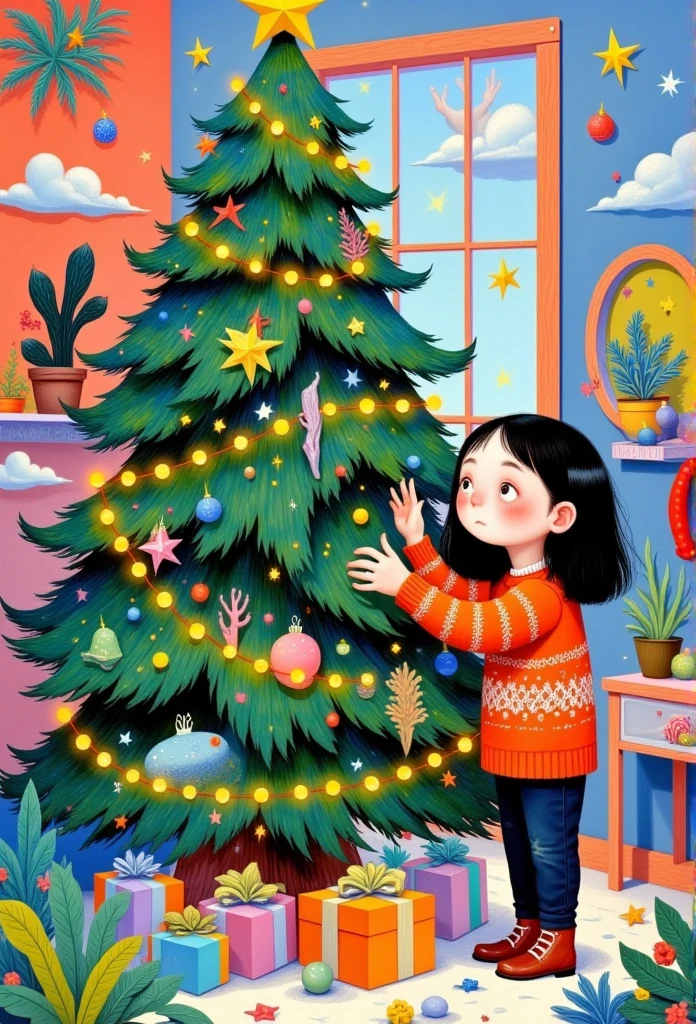 a painting of a girl is decorating a christmas tree, colorful kids book illustration, children book illustration, illutstration, jen bartel, children’s book illustration, children's book illustration, full color illustration, christmas tree, by Ni Duan, children's illustration, by Pedro Pedraja, illustration!, by Federico Uribe, by jeonseok lee, #illustration