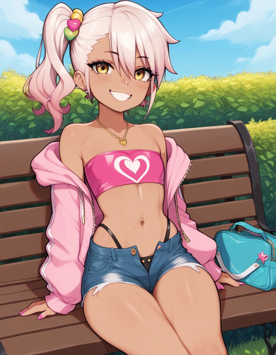 1girl,solo,smile,outdoor,midriff, pink tube top, denim hotpants, open fly, beld, gyaru clothes, thighighs,sitting,bench, chloe,dark_skinned_female,dark_skin,long_hair,pink_hair,yellow_eyes,hair_between_eyes,white_hair,bangs,flat chest,,half_updo,one_side_up, young girl, (loli:1.3), (afrobull), slender waist, nice hips, slut, side ponytail, symbol on stomach,