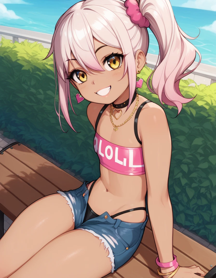 1girl,solo,smile,outdoor,midriff, pink tube top, denim hotpants, open fly, beld, gyaru clothes, thighighs,sitting,bench, chloe,dark_skinned_female,dark_skin,long_hair,pink_hair,yellow_eyes,hair_between_eyes,white_hair,bangs,flat chest,,half_updo,one_side_up, young girl, (loli:1.3), (afrobull), slender waist, nice hips, slut, side ponytail, symbol on stomach,