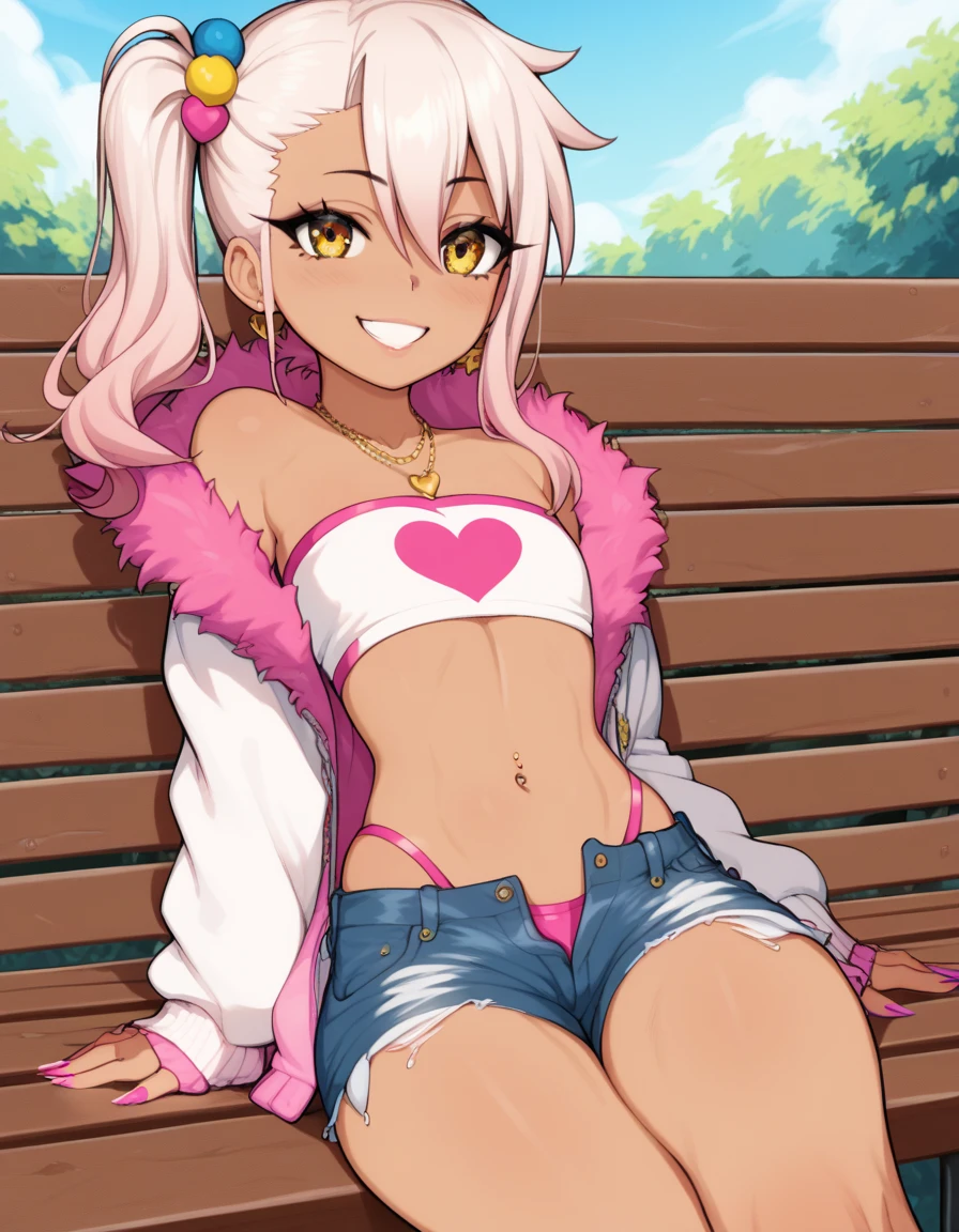 1girl,solo,smile,outdoor,midriff, pink tube top, denim hotpants, open fly, beld, gyaru clothes, thighighs,sitting,bench, chloe,dark_skinned_female,dark_skin,long_hair,pink_hair,yellow_eyes,hair_between_eyes,white_hair,bangs,flat chest,,half_updo,one_side_up, young girl, (li:1.3), (afrobull), slender waist, nice hips, slut, side ponytail, symbol on stomach,