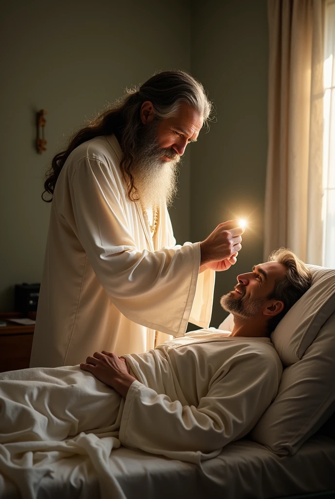 Super realistic images in high resolution. An Indonesian man, 60 years old, totally bald no hair, clear face, slim body, wearing casual, laying on a bed in peace dying. Lord Jesus Christ in classic red as well known by christian, appears him with softly touch. Location: house room.