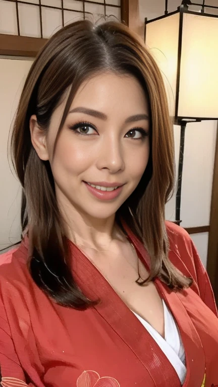  Attractive Sexy Adult Women,50 years old, ((kimono)),(((kimono))), close,((Big Breasts:1.2)),(  facial wrinkles:1.3),Light Makeup,  light brown hair,  long hair,(  full body photo:0.85),( accentuate your big butt),8k,   RAW photos ,  top quality , Laughter,masterpiece, top quality 、  Friendly Smiles  、 Viewers' Attractive Eyes  、 search 。  hairstyle is random 、Japanese-style room、Shoji screen、  lantern、