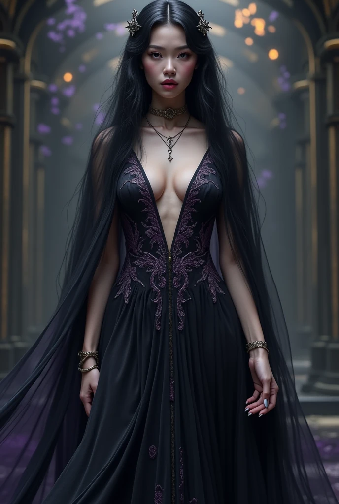 Persephone goddess of the underworld and Hades god of the underworld, in the underworld, Persephone holds a pomegranate, Hades stands by her side, black flowers surround them, pomegranate symbolizing their bond. mythological garden. Both wear opulent gothic attire adorned with celestial motifs. This artwork captures their deep love with a gothic touch, merging light and darkness to evoke their mythic union. best quality, 4k, ultra high quality, mythological style.