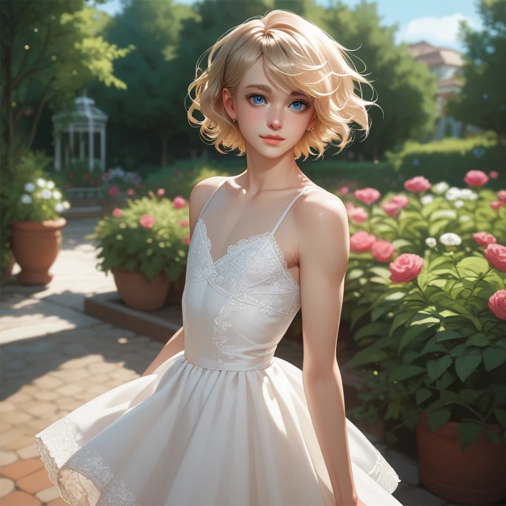 1boy, femboy, short wavy blonde hair, blue eyes, flat chest, white lace dress, garden, blurred background 