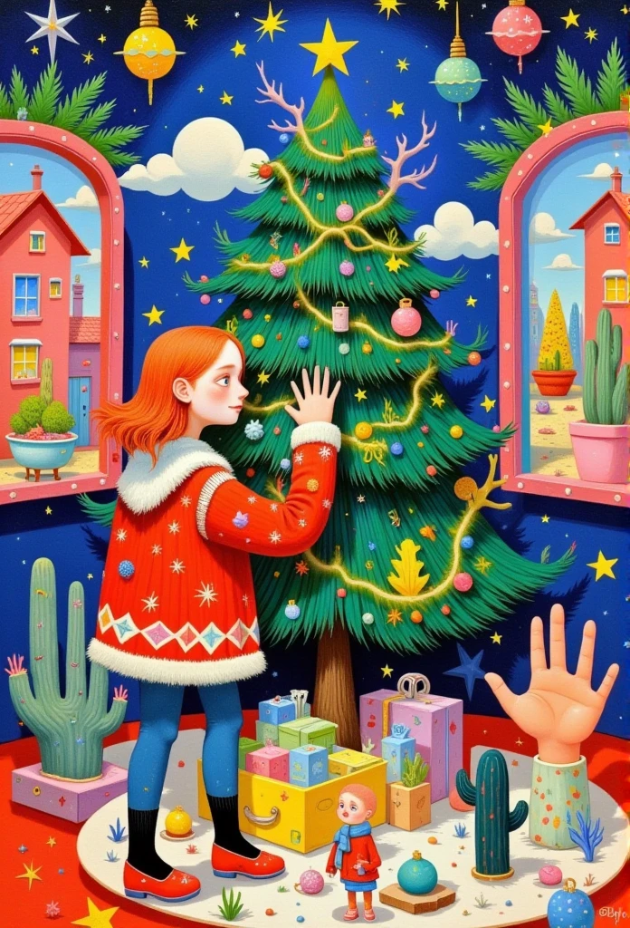 a painting of a girl is decorating a christmas tree, colorful kids book illustration, children book illustration, illutstration, jen bartel, children’s book illustration, children's book illustration, full color illustration, christmas tree, by Ni Duan, children's illustration, by Pedro Pedraja, illustration!, by Federico Uribe, by jeonseok lee, #illustration