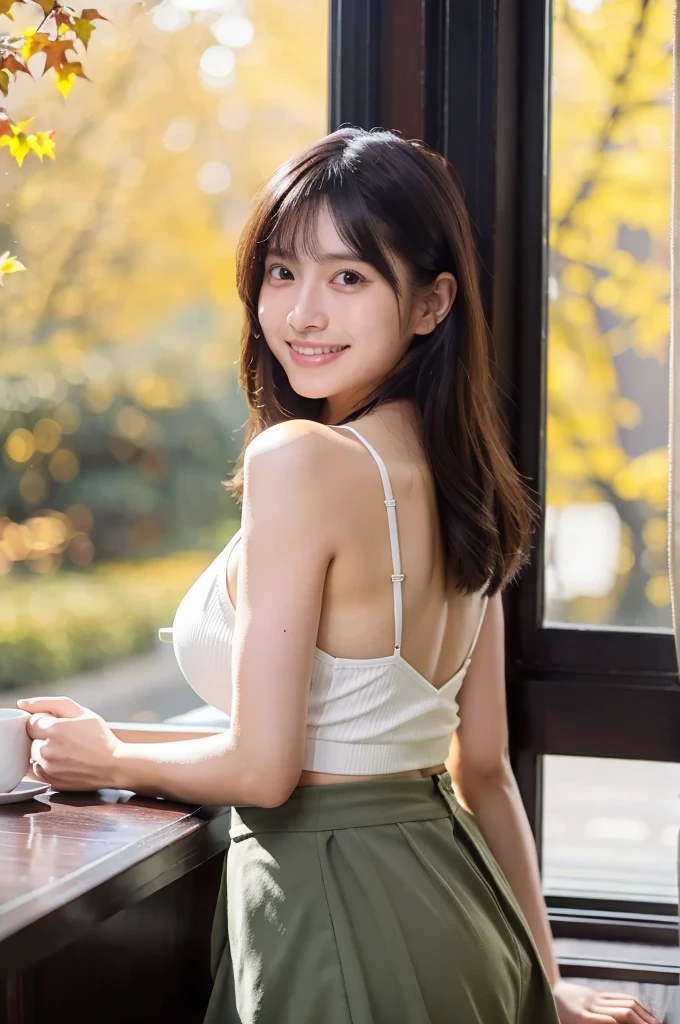 (masterpiece, best quality, perfect anatomy, highres, 8k, realistic, photorealistic, natural skin texture, no makeup:1.2), (morning:1.5), 1girl, solo, Japanese, age20, female university student, very cute, (large breasts:1.5), sitting by a café window on an autumn afternoon, holding a latte in one hand, resting her other hand lightly on the windowsill, Her soft, playful smile reflects her cheerful and charming personality, The sunlight streams through the window, highlighting her delicate features, She wears a stylish mini skirt and a beret, with her long hair gently cascading over her shoulders, Cozy and inviting café interior, soft autumn colors in the background, vertical composition, jp idol, inugao