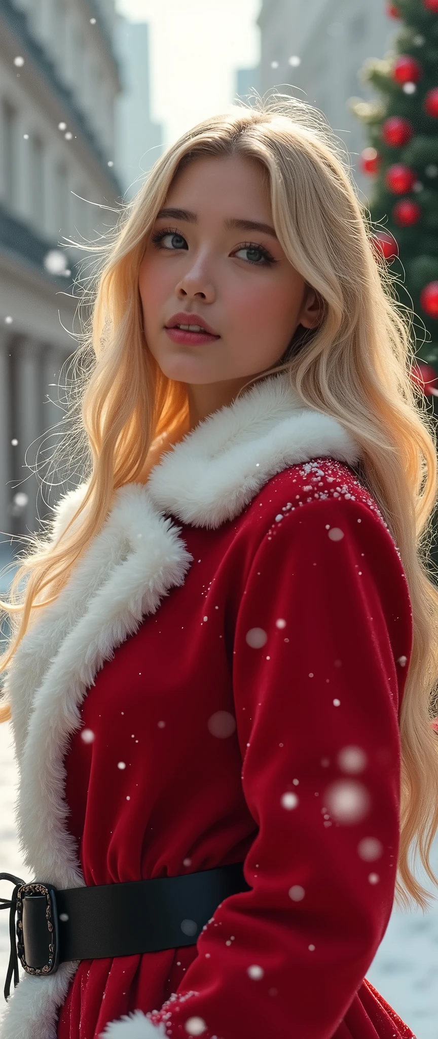 masterpiece,  top quality ,  super detailed ,  illustrations,  beautiful details,  depth of field,  dynamic angle , 8k wallpaper,  portrait,  best image quality,  Details,  snow falling 、Christmas tree background in the city,  full body high quality image , contemporary,  dress,  blondes,  long hair,  face details,The actress who cosplays as Santa Claus。