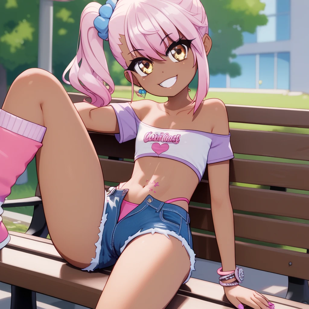 1girl,solo,smile,outdoor,midriff, pink tube top, denim hotpants, open fly, beld, gyaru clothes, thighighs,sitting,bench, chloe,dark_skinned_female,dark_skin,long_hair,pink_hair,yellow_eyes,hair_between_eyes,white_hair,bangs,flat chest,,half_updo,one_side_up, young girl, (loli:1.3), slender waist, nice hips, slut, side ponytail, cameltoe, thong, chloe von einzberns symbol on stomach,