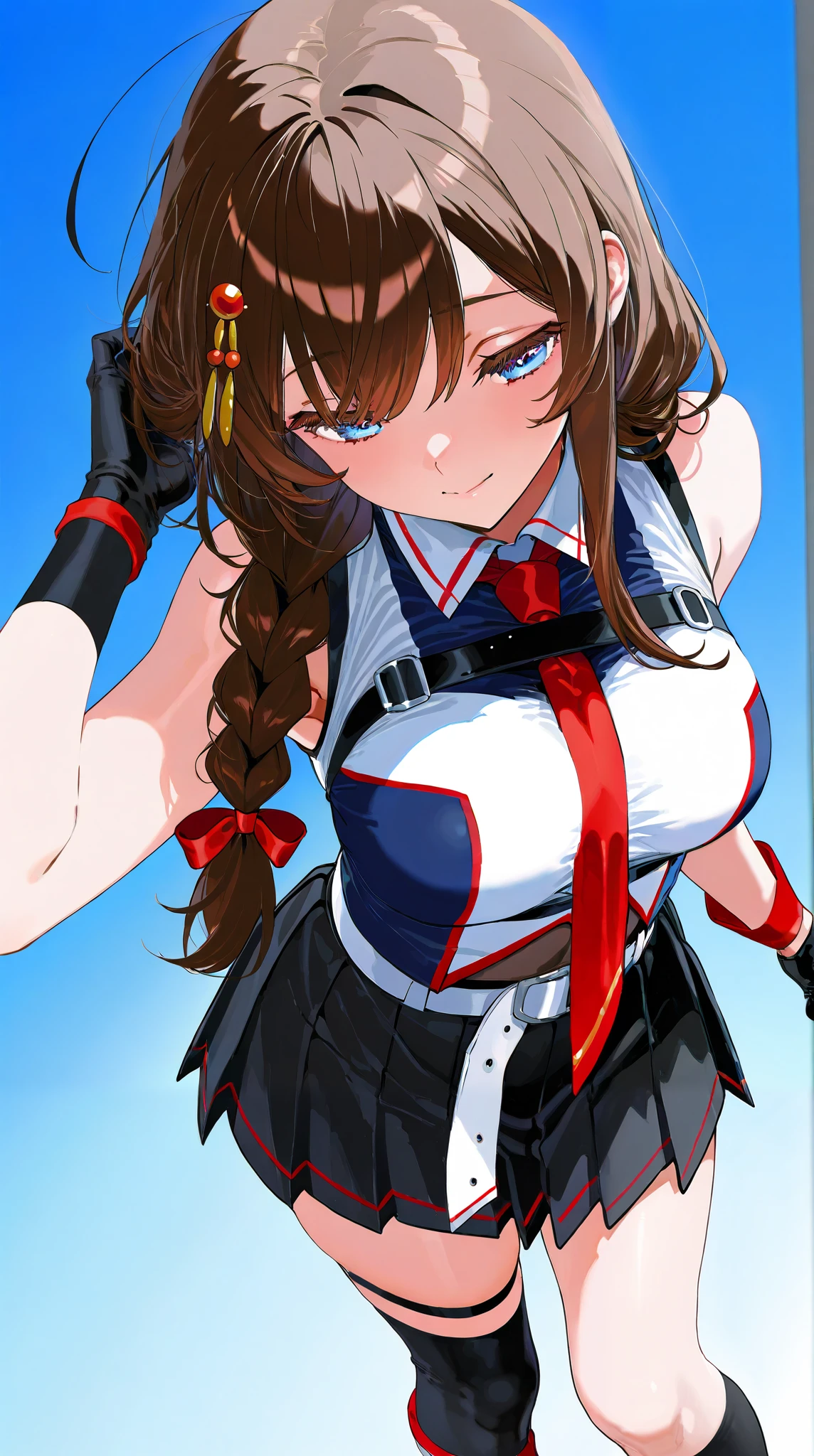 8k high resolution ( super detailed ), masterpiece, ( top quality )　 animated illustration 　 detailed eyes,  detailed face 　 detailed hands 　Fine hair　 very elaborate body 、 fine skin 　  One Girl 　 fleet this_Shigure　shigurekaisanKC　 long hair、Brown Hair、 hair ornament、 、 pleated skirt、Black gloves、 black high socks　fingertip gloves 、 black skirt 、 sleeveless shirt that grabs a girl's waist、 single braids、Red tie、two-tone shirt、Shoulder-hanging hair 、 hair flap、White belt　(chest)　Breasts seen from the side　 gentle expression　 oblique view from below　Blue sky background 