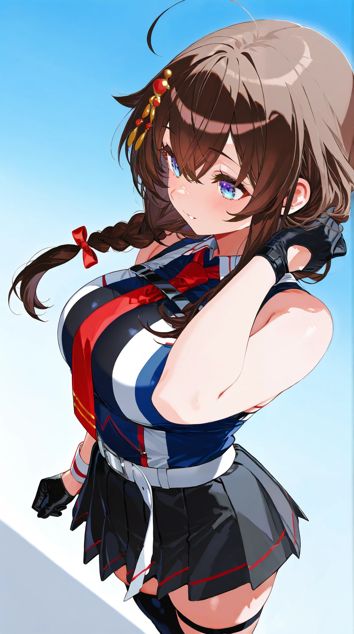 8k high resolution ( super detailed ), masterpiece, ( top quality )　 animated illustration 　 detailed eyes,  detailed face 　 detailed hands 　Fine hair　 very elaborate body 、 fine skin 　  One Girl 　 fleet this_Shigure　shigurekaisanKC　 long hair、Brown Hair、 hair ornament、 、 pleated skirt、Black gloves、 black high socks　fingertip gloves 、 black skirt 、 sleeveless shirt that grabs a girl's waist、 single braids、Red tie、two-tone shirt、Shoulder-hanging hair 、 hair flap、White belt　(chest)　Breasts seen from the side　 gentle expression　 oblique view from below　Blue sky background 