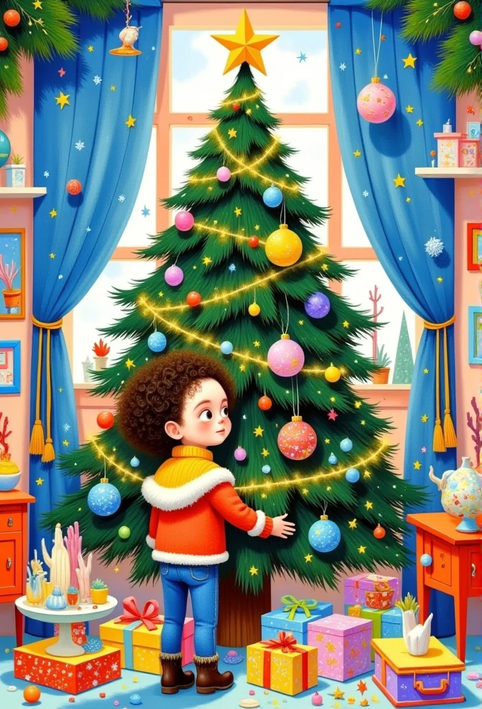 a painting of a girl is decorating a christmas tree, a storybook illustration by Ni Duan, behance contest winner, naive art, colorful kids book illustration, children book illustration, illutstration, jen bartel, children's book illustration, children’s book illustration, full color illustration, christmas tree, children's illustration, illustration!, #illustration, childrens book illustration