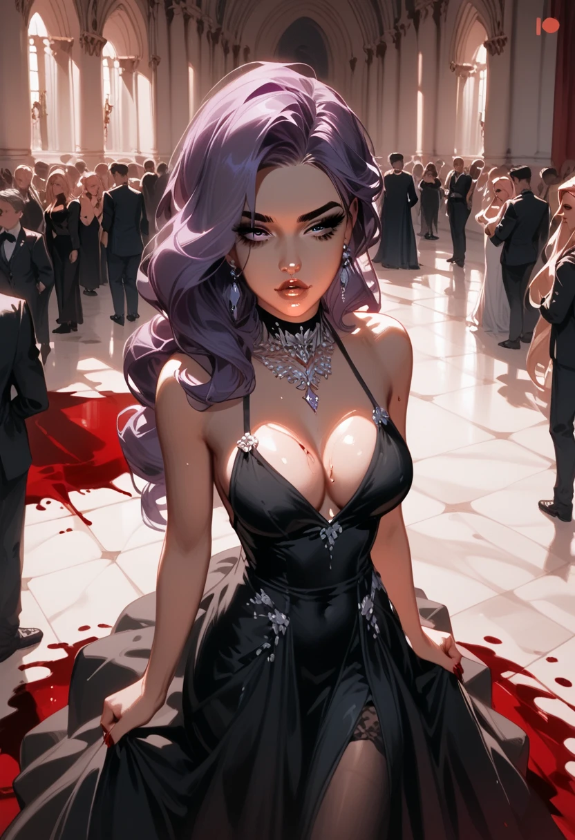  score_9,  score_8_above,  score_7_above,  source  _animated, arrogant,girl, very elegant, expressive eyes, Nostalgic girl,  semi-transparent dress,  black dress , in a palace, dramatic light (dramatic light),  thick hair,  purple hair, ,delicate woman, dark people dancing in the background, Dark atmosphere, mysterious, spilled blood.