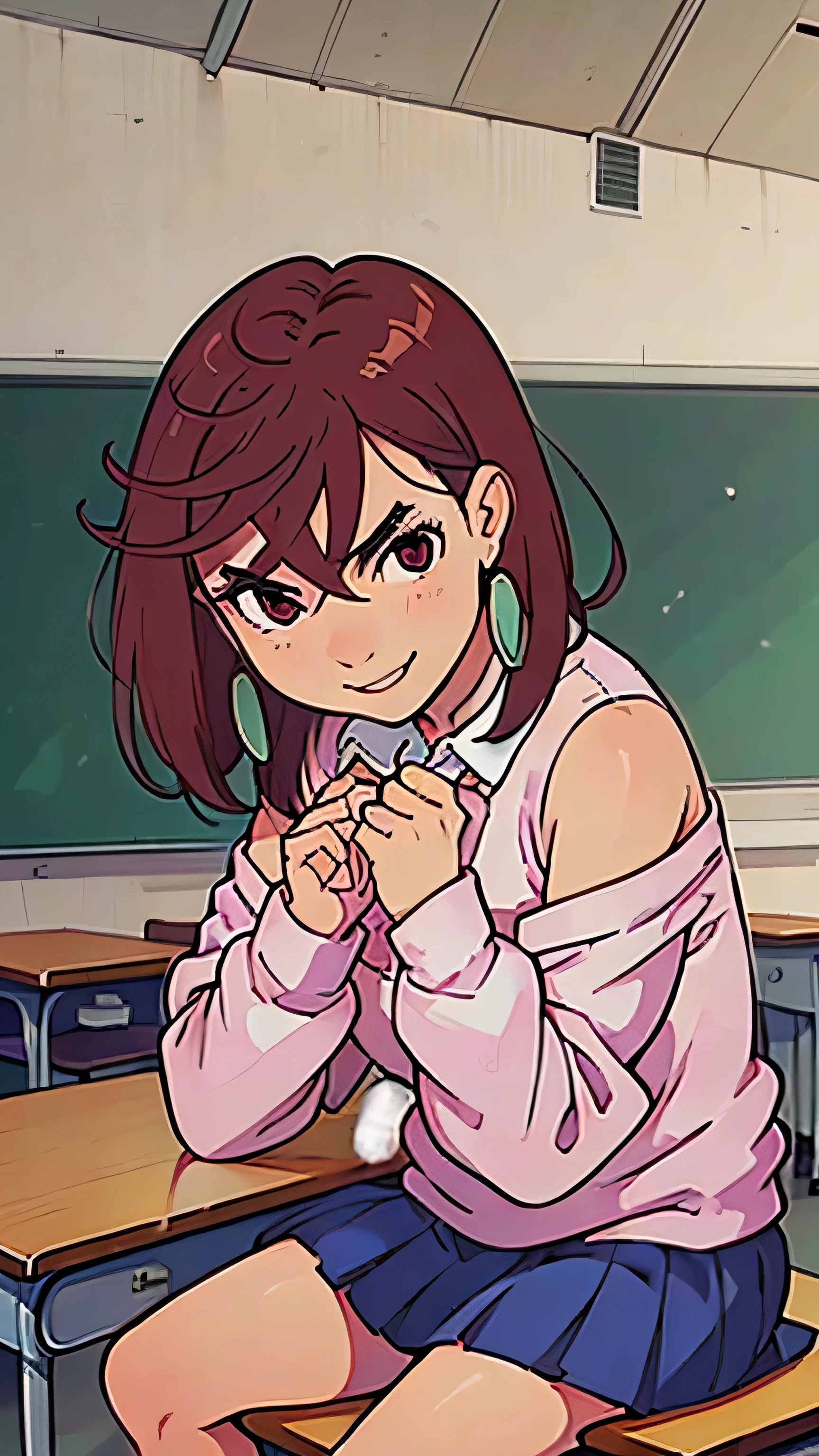 Momo Ayase, sitting on a desk, classroom interior background, looking at viewer, sneer smile, hands on sweater pockets, (pink loose of shoulders sweater, micro school skirt, white thong), spreading legs, view from below.