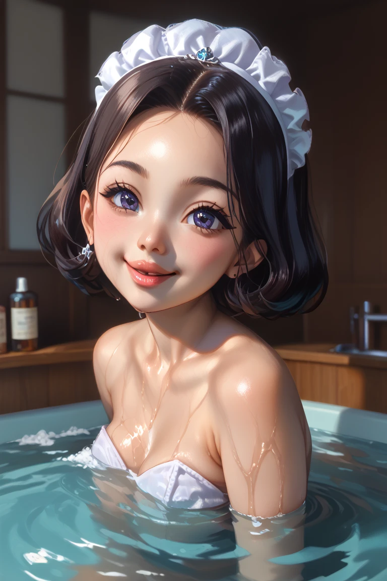  character : It depicts a shy girl wrapping her sausage 、 with thick lips 、 light smile 、 a scene with a gaze directed at the viewer 。 clothing is designed to accentuate curves 。
background:Soapland(A room with a bath and bed together )
illumination:  x} using cinematic lighting and ray tracing 、 reproduces glossy reflections and ambient occlusion 。
 texture : backgroundとオブジェクトの texture がリアルなもので、詳細な texture マッピングが施されている。
 art style :  drawn at a dynamic angle 。image: High quality 4K resolution wallpaper with a 、 cinematic lighting and ray tracing 。
