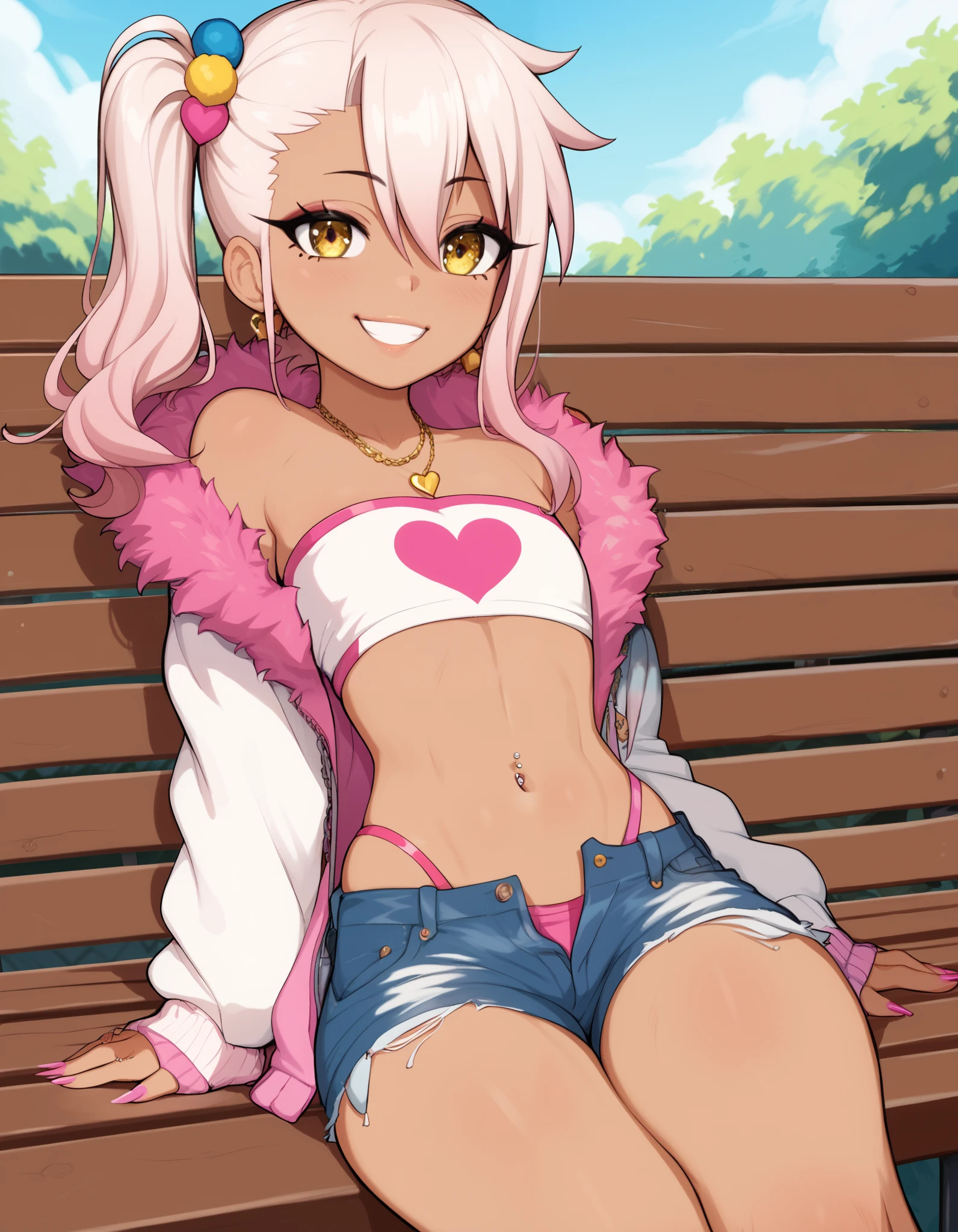 1girl,solo,smile,outdoor,midriff, pink tube top, denim hotpants, open fly, beld, gyaru clothes, thighighs,sitting,bench, chloe,dark_skinned_female,dark_skin,long_hair,pink_hair,yellow_eyes,hair_between_eyes,white_hair,bangs,flat chest,,half_updo,one_side_up, young girl, (loli:1.3), (afrobull), slender waist, nice hips, slut, side ponytail, symbol on stomach,