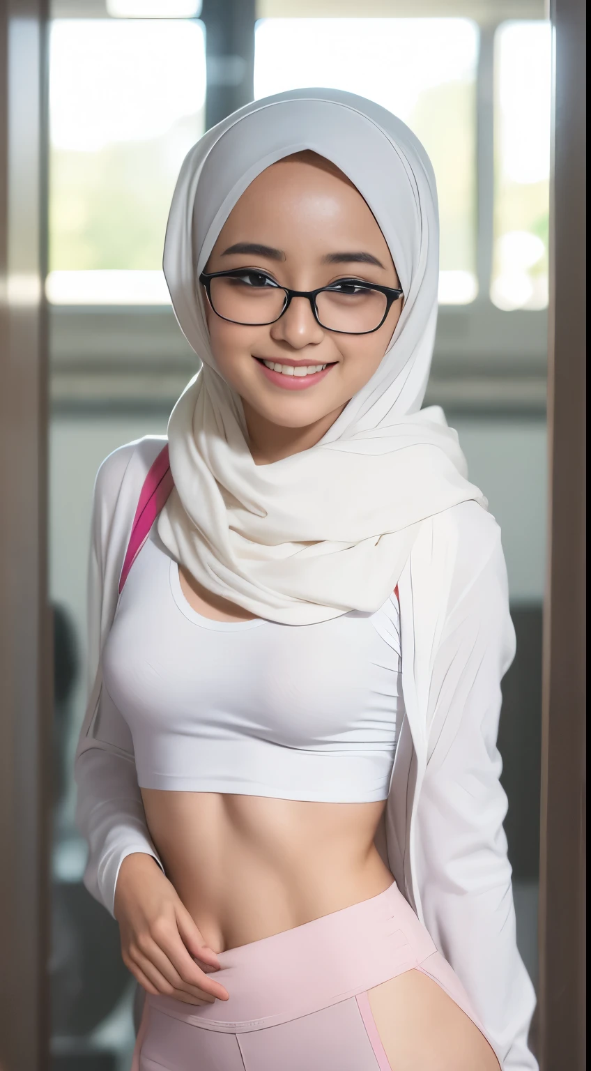 Cute bali girl in white plain hijab wearing high waist gyms pants and topless with shy pose in full crowded school gym, wear big round glasses, nerd, big smile, laughing, happy, big front teeth, wearing hijab, breast exposed, very small dark , very small breast, flat chest, wide waist, thick thighs, bright lighting, big round ass, cute face, slim abs, 35mm lens, Extreme close-up, pastel color grading, depth of field cinematography effect, romantic film genre, 8k resolution, high quality, ultra detail,