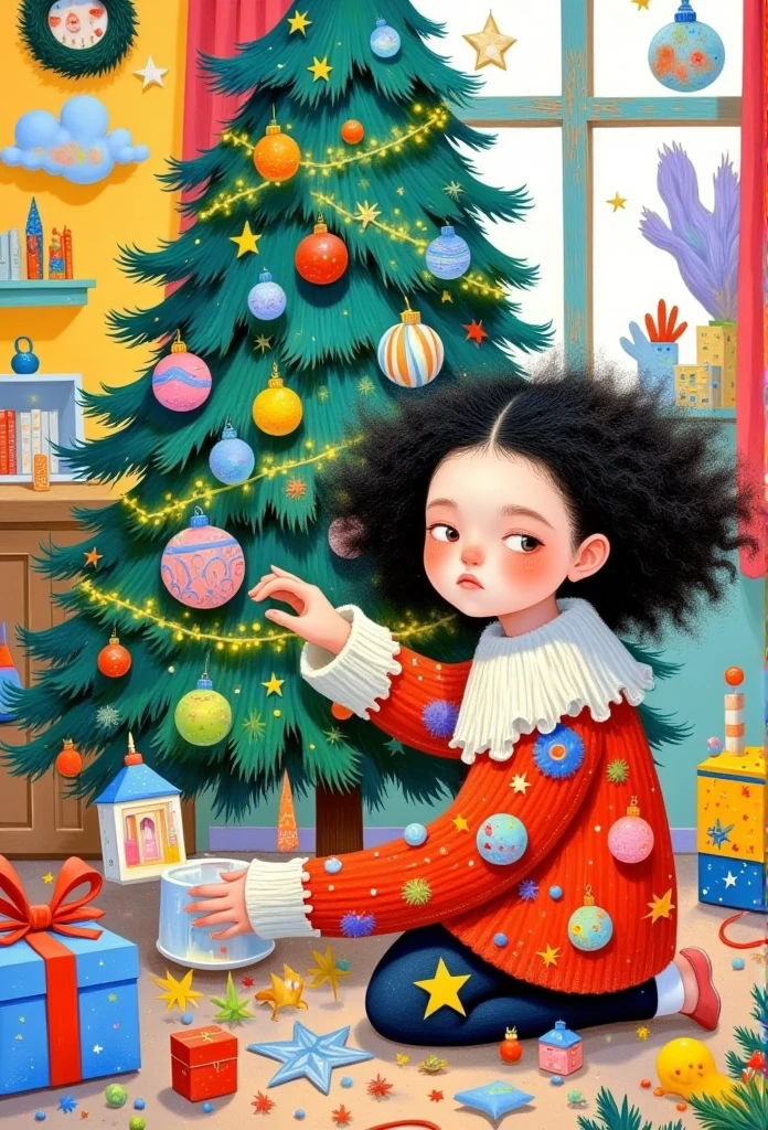 a painting of a girl is decorating a christmas tree, a storybook illustration by Ni Duan, behance contest winner, naive art, colorful kids book illustration, children book illustration, illutstration, jen bartel, children's book illustration, children’s book illustration, full color illustration, christmas tree, children's illustration, illustration!, #illustration, childrens book illustration