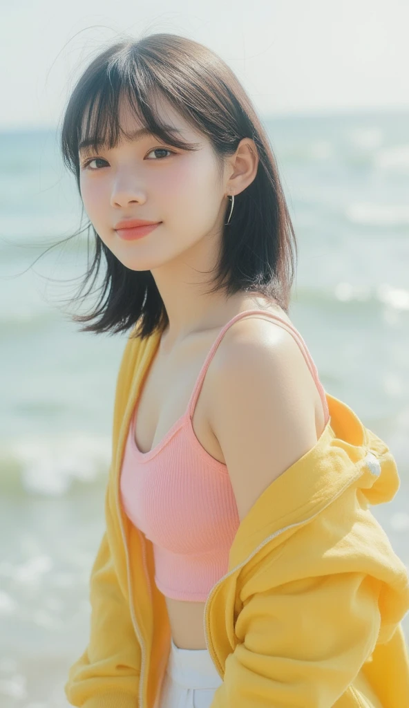 A 15-year-old girl with short black hair, a white hairpin, and bangs smiles and looks up. She tilts slightly to the left of the frame, staring directly at the viewer, and has a pleasing expression. She is wearing a pink tank top that reveals a bit of her chest, a white skirt, and a yellow baseball jacket slung over her shoulders. Her pose is naturally relaxed and confident. The blurred background, a mix of light blue, green, and light gray-white, reflects the natural outdoor environment by the sea. Soft sunlight shines on her face and hair from the upper right corner, adding a natural glow. The colors are natural and soft, but the focus is clearly on the subject. The composition is at eye level, with a shallow depth of field, while the background is gradually blurred. The style of the picture is a casual portrait with a relaxed and friendly atmosphere. The overall image is an outdoor summer day, conveying a casual femininity and easygoing elegance.