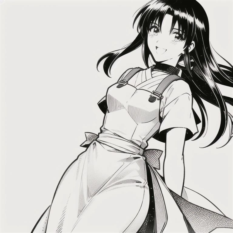 ((((image in the artistic style of mangaka Nobuhiro Watsuki)))), Close-up body, 1girl, 1MAN, HD, sola,(((((KAMIYA KAORU wearing PERFECT OVERALL DRESS))))), (((perfect slim body))), (((perfect slender body))), (((PERFECT ANATOMY))), narrow waist, (((black long-hair))), (((OVAL FACE))), (((SHY pose))), white background, ((perfect hands)), high quality face, high quality eyes, close mouth, unique angle, smile, score_9,score_8_up,score_7_up, monochromatic,