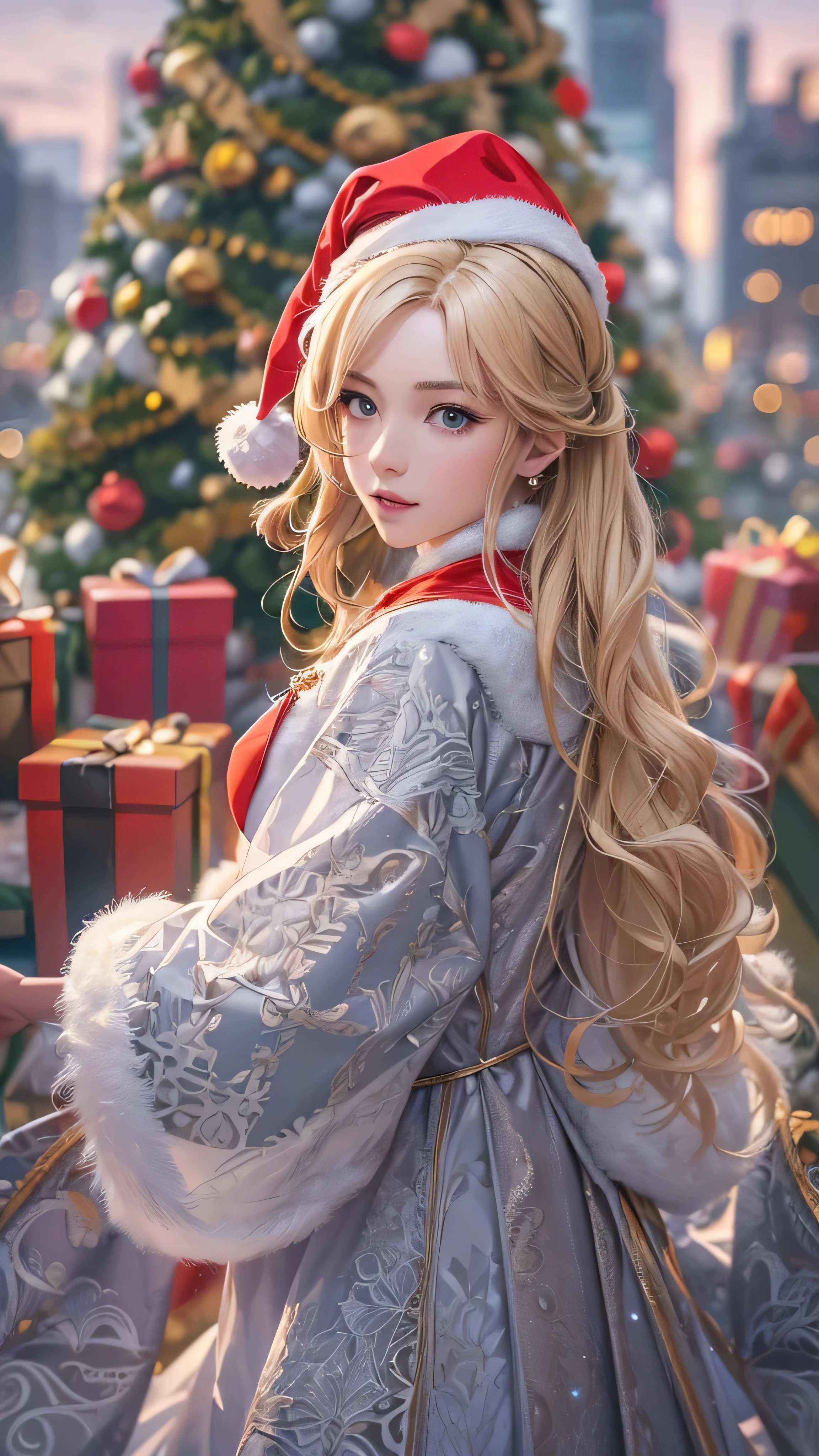 masterpiece,  top quality ,  super detailed ,  illustrations,  beautiful details,  depth of field,  dynamic angle , 8k wallpaper,  portrait,  best image quality,  Details, Christmas tree background in the city,  full body high quality image , contemporary,  dress,  blondes,  long hair,  face details,The actress who cosplays as Santa Claus。