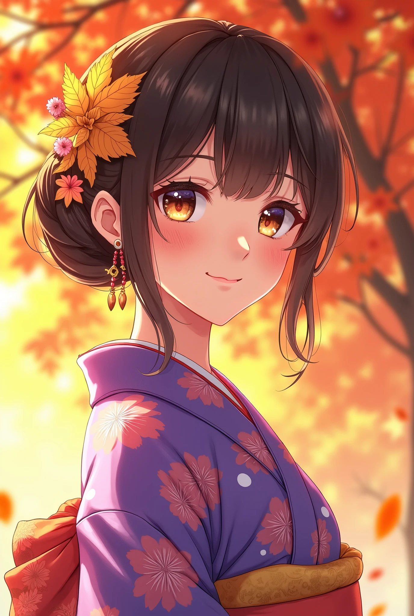 Anime bright brown black hair,  detailed beautiful eyes ,  Detailed Beautiful Face , Detailed beautiful nose,  wear a bright purple floral kimono,  Surrounded by golden autumn leaves ,Happy smile, Warm Sunlight ,  anime style , Flower decoration on her hair ,  elegant . The overall atmosphere is bright and cheerful, Japanese culture and the beauty of the fall season ,  high image quality, masterpiece, 8K high definition, 