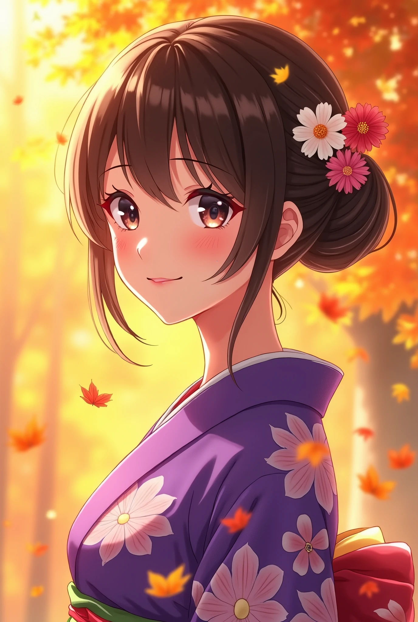 Anime bright brown black hair,  detailed beautiful eyes ,  Detailed Beautiful Face , Detailed beautiful nose,  wear a bright purple floral kimono,  Surrounded by golden autumn leaves ,Happy smile, Warm Sunlight ,  anime style , Flower decoration on her hair ,  elegant . The overall atmosphere is bright and cheerful, Japanese culture and the beauty of the fall season ,  high image quality, masterpiece, 8K high definition, 