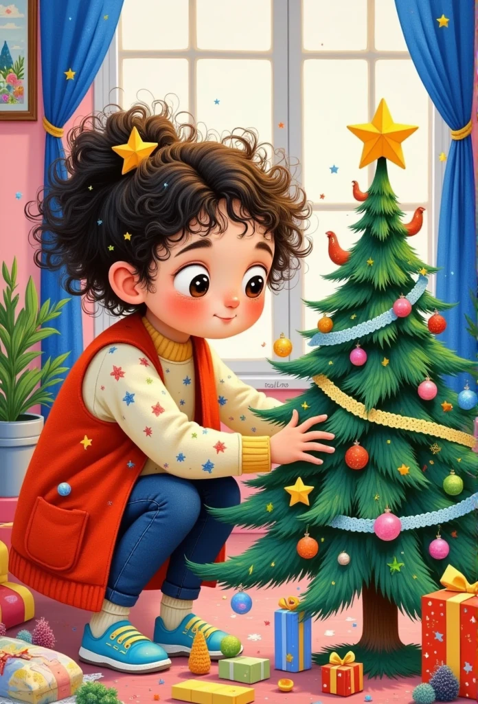 a painting of a girl is decorating a christmas tree, a storybook illustration by Ni Duan, behance contest winner, naive art, colorful kids book illustration, children book illustration, illutstration, jen bartel, children's book illustration, children’s book illustration, full color illustration, christmas tree, children's illustration, illustration!, #illustration, childrens book illustration