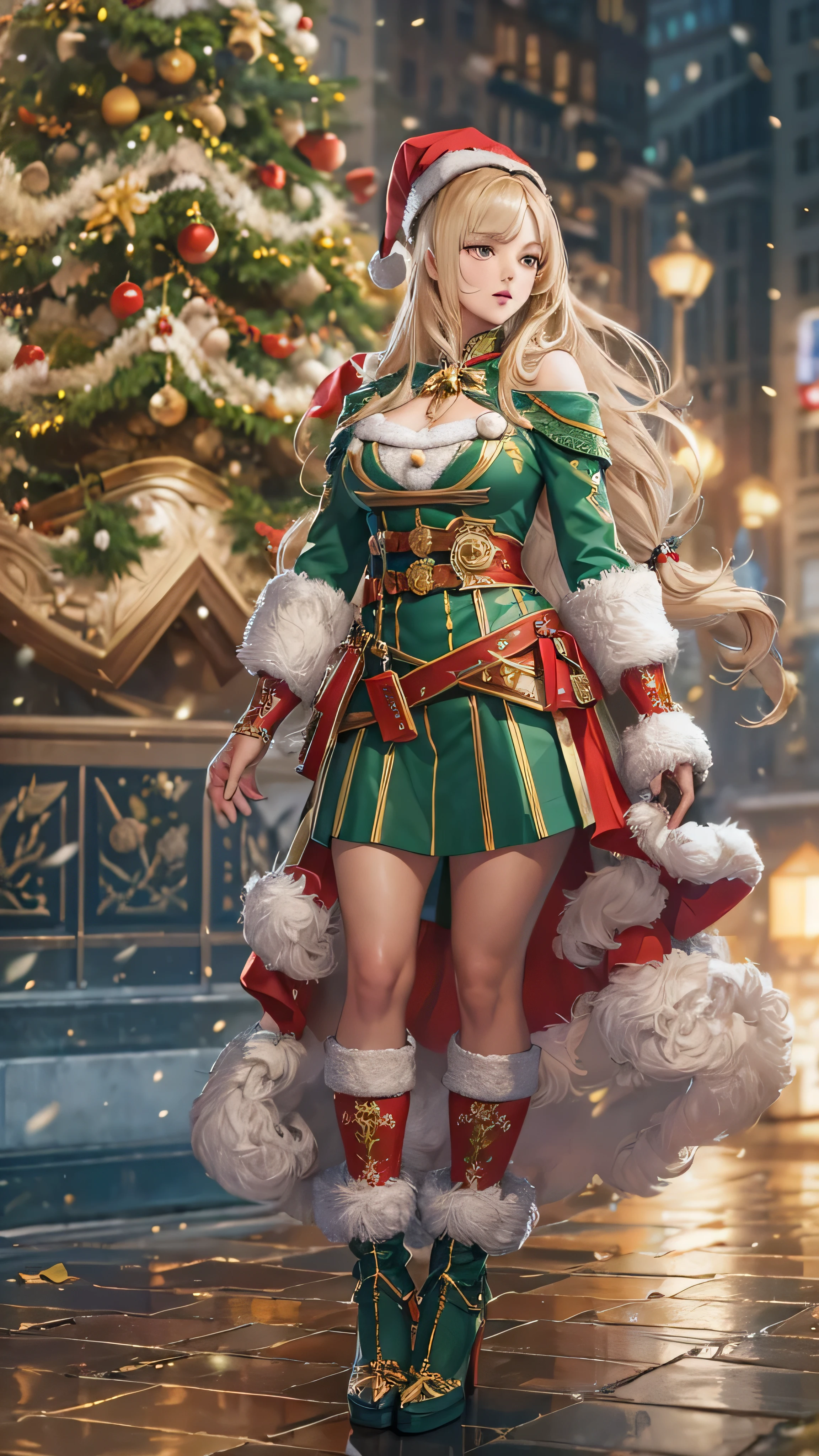 masterpiece,  top quality ,  super detailed ,  illustrations,  beautiful details,  depth of field,  dynamic angle , 8k wallpaper,  portrait,  best image quality,  Details, Christmas tree background in the city,  full body high quality image , contemporary,  dress,  blondes,  long hair,  face details,The actress who cosplays as Santa Claus。