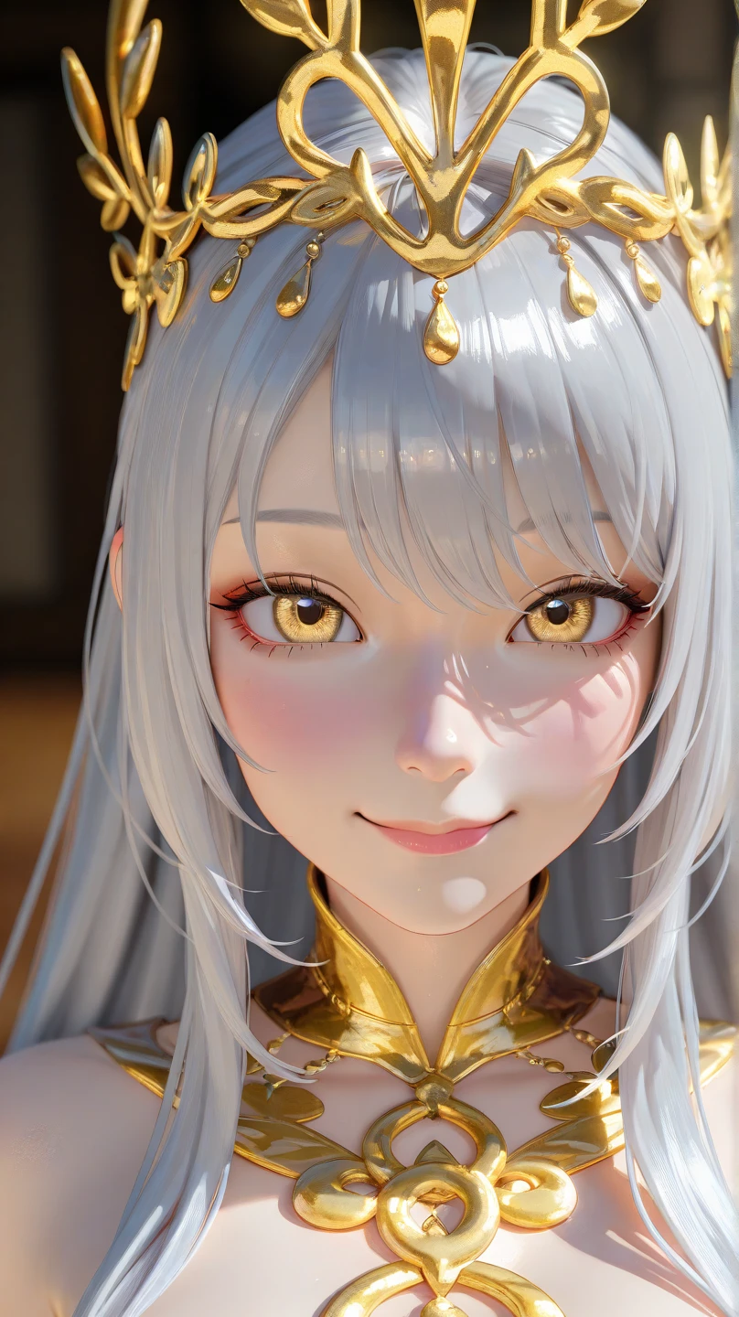 1girl,white colored hair,(twin tail),Orange Eye,White princess dress,on front, full - body, chibi, [Realistic], [3d], (3DCG), ((Octane Render)), Smile, closed mouth, (8K, RAW photo, Best Quality, Masterpiece:1.2), extra high resolution, (((Realistic, photo-realistic))), Professional lighting, detailed lighting, Professional photography, Dynamic angle f, hiquality, hight resolution, Extremely detailed, bloom,Depth of field, Sketch, sharp-focus, soft-lighting, good composition, God's Light Illumination, Detailed, (((Photorealistic details))), detailed skin, to8contrast style