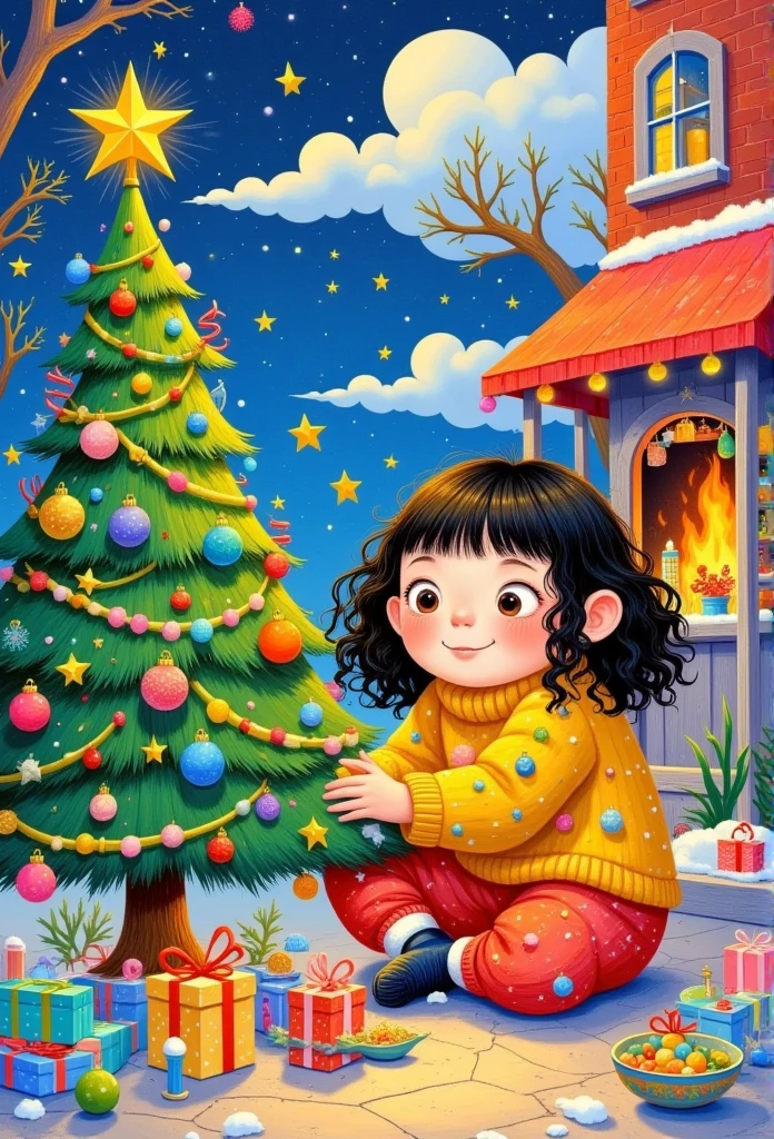 a painting of a girl is decorating a christmas tree, a storybook illustration by Ni Duan, behance contest winner, naive art, colorful kids book illustration, children book illustration, illutstration, jen bartel, children's book illustration, children’s book illustration, full color illustration, christmas tree, children's illustration, illustration!, #illustration, childrens book illustration