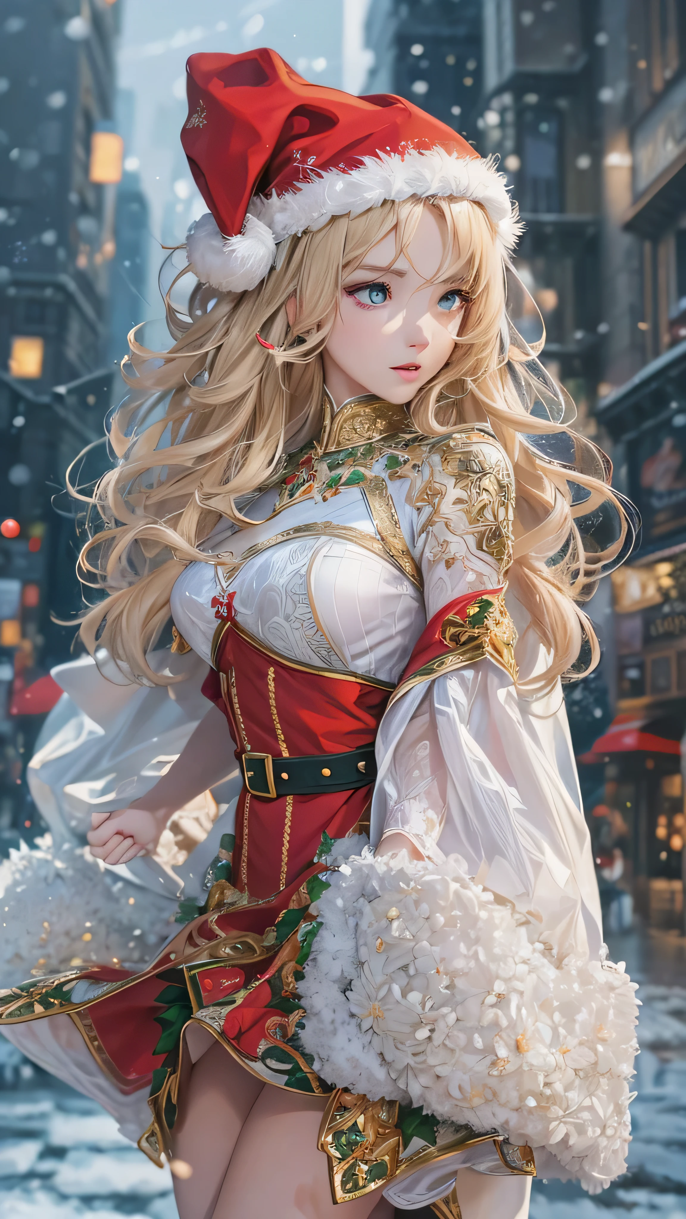 masterpiece,  top quality ,  super detailed ,  illustrations,  beautiful details,  depth of field,  dynamic angle , 8k wallpaper,  portrait,  best image quality,  Details, Christmas tree background in the city,  full body high quality image , contemporary,  dress,  blondes,  long hair,  face details,The actress who cosplays as Santa Claus。