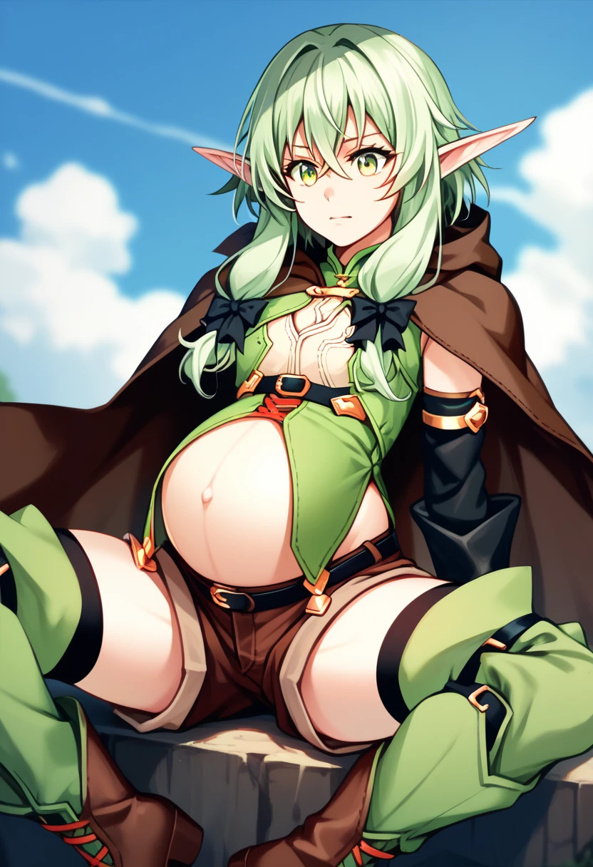 highest quality, one person,Tabletop, 超A high resolution, Ryu Lion, Green shorts, Green Boots, White shirt, Green Cape,anime maid,nsfw,spread legs, squatting,pussy focus,cameltoe,