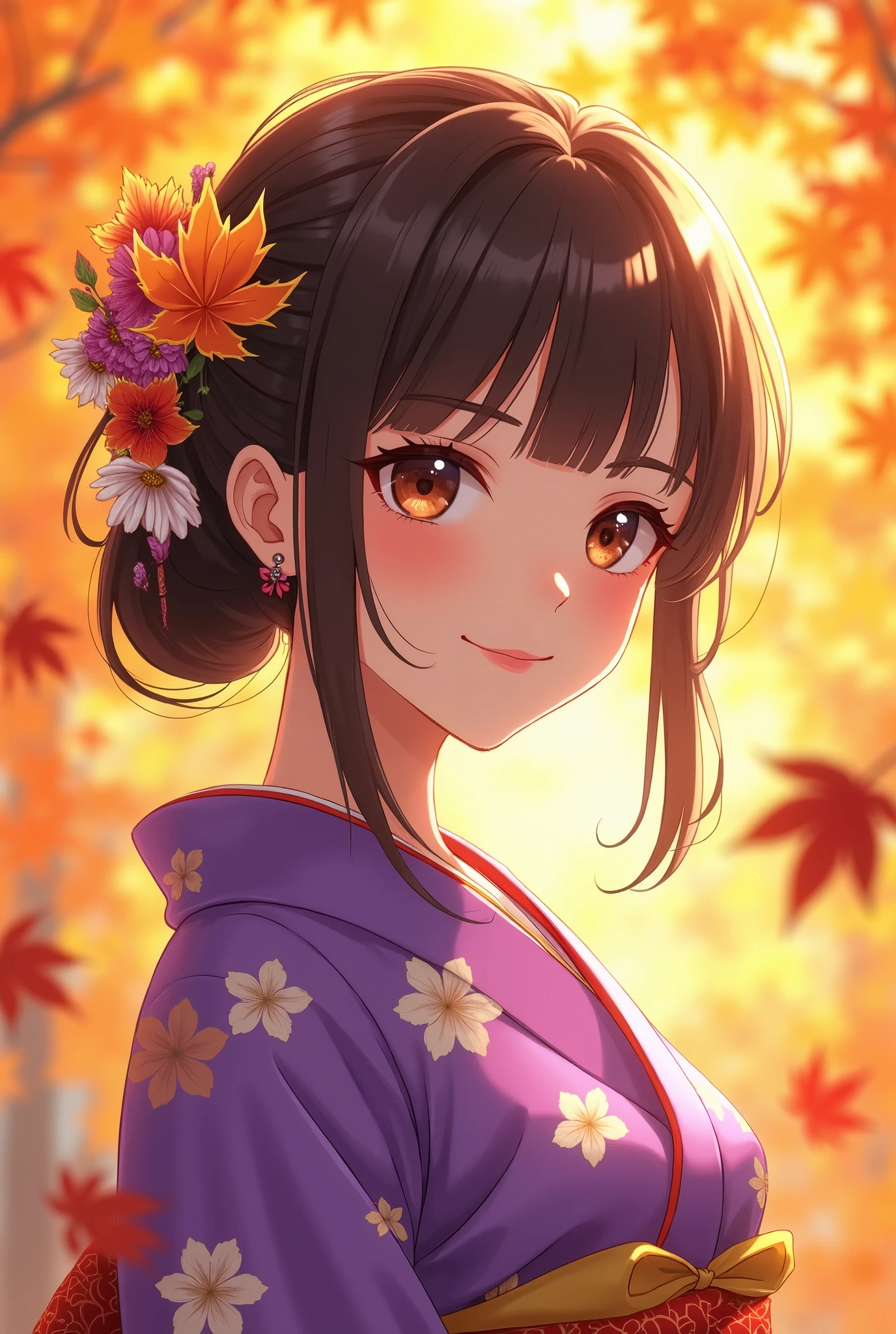 Anime bright brown black hair,  detailed beautiful eyes ,  Detailed Beautiful Face , Detailed beautiful nose,  wear a bright purple floral kimono,  Surrounded by golden autumn leaves ,Happy smile, Warm Sunlight ,  anime style , Flower decoration on her hair ,  elegant . The overall atmosphere is bright and cheerful, Japanese culture and the beauty of the fall season ,  high image quality, masterpiece, 8K high definition, 