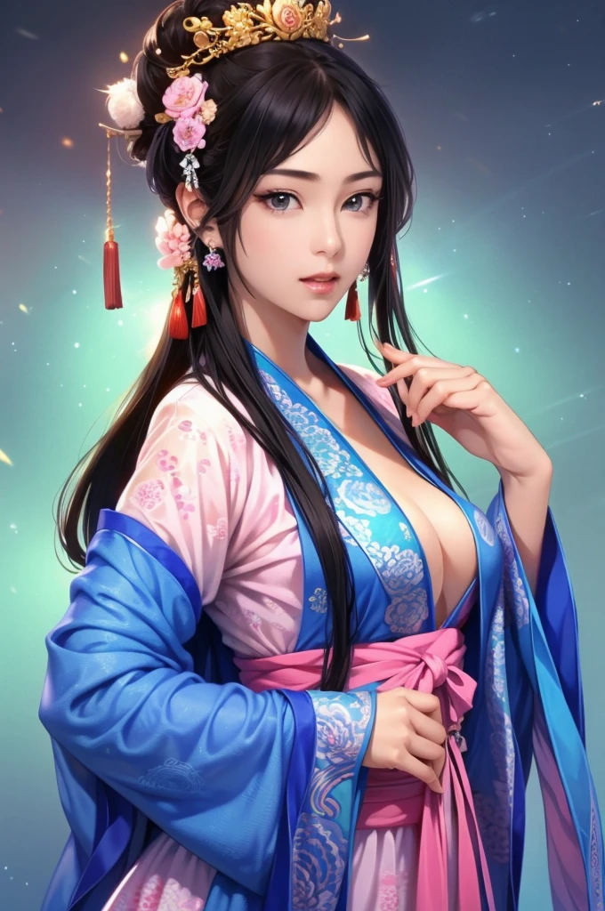 best quality, masterpiece, Upper body, night, full moon, 1 girl, mature woman, Chinese style, ancient China, sister, imperial sister, smile, dark brown hair, dark hair, princess cut, a Fried Dough Twists braid, coiled hair, double ball head, light pink lips, calm, intellectual, middle hair, green eyes, hairpin, hydrangea, fine face, facial close-up, hand close-up, Beautiful face, photorealistic, rim lighting, two tone lighting, (high detailed skin:1.2), 8k uhd, dslr, soft lighting, high quality, volumetric lighting, Photograph, high resolution, 4k, 8k, Bokeh, (nsfw:1.2), purple hair color,
