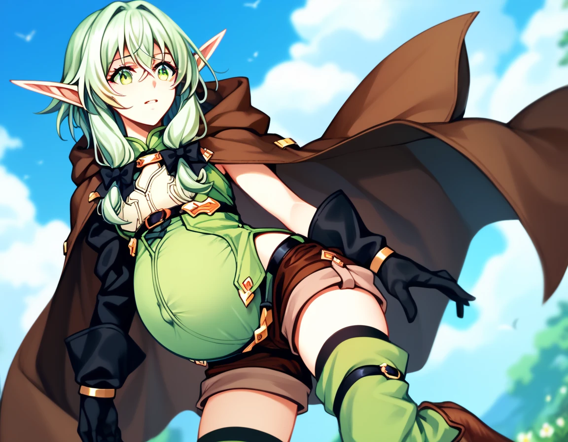 masterpiece,  top quality ,  High Definition ,  one girl , black bow, brown cloak, sleeveless shirt, cross-laced shirt, single sleeve, black gloves, brown shorts, green thighhighs, brown boots  , high elf (goblin slayer) Pale green hair, pregnant ,  holds a bow
