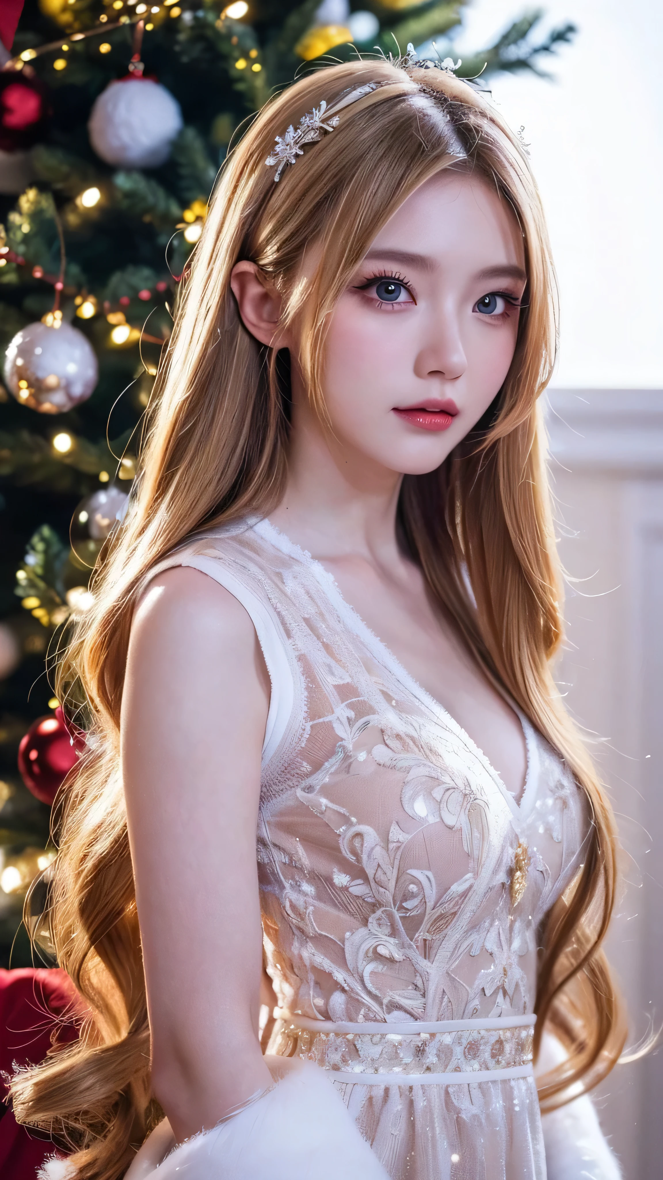 masterpiece,  top quality ,  super detailed ,  illustrations,  beautiful details,  depth of field,  dynamic angle , 8k wallpaper,  portrait,  best image quality,  Details, Christmas tree background in the city,  full body high quality image , contemporary,  dress,  blondes,  long hair,  face details,The actress who cosplays as Santa Claus。